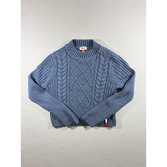 Tommy Hilfiger Sweaters - Tommy Hilfiger Women's Cable-Knit Mock-Neck Blue Sweater Size Small Cottagecore